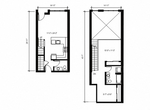 Floor plan for 1 bed, 1.5 baths, 914 sqft